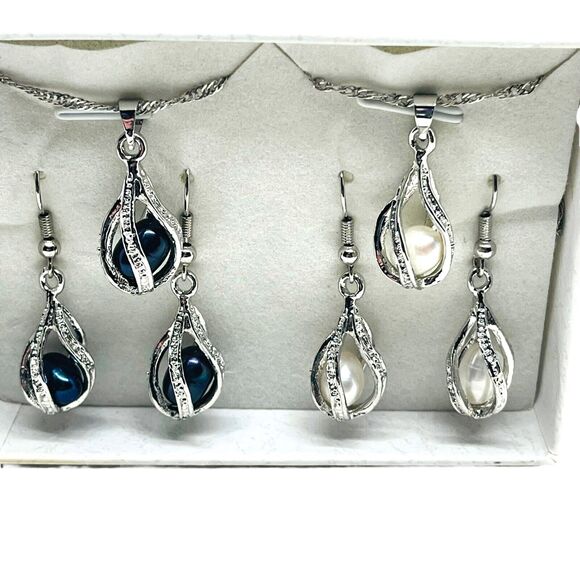 Necklace And Earrings Set Womens Silver Tone Faux Pearl Lobster Claw Clasp - Picture 1 of 16